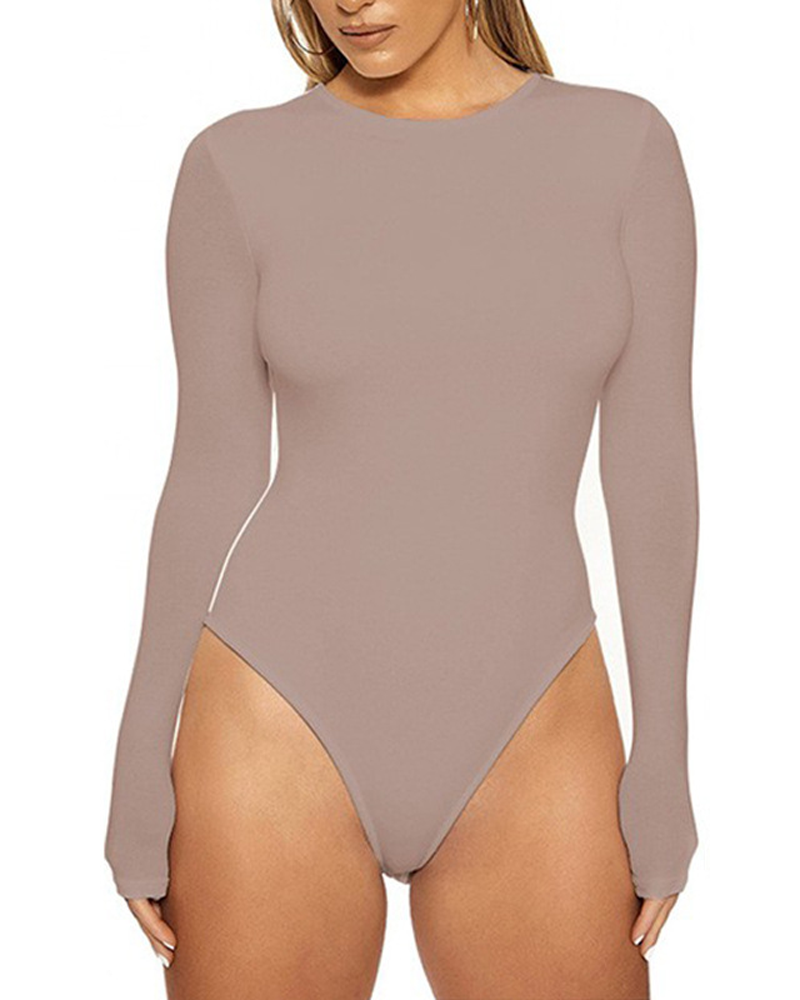 High-Neck Long-Sleeved Solid Color Leggings Bodysuit