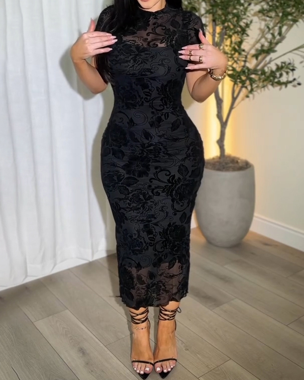 Women's Sheer Mesh Sexy Bodycon Dress with Retro Prints-Curvy-Faja