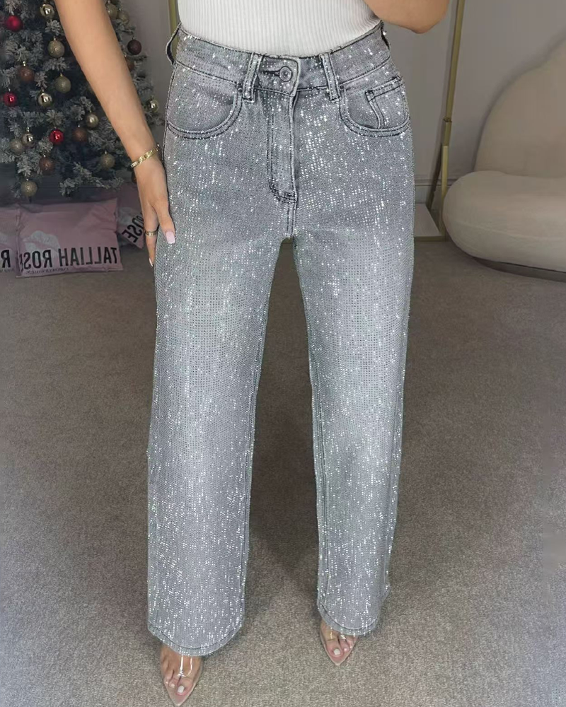 Fully Rhinestone High Waisted Straight Leg Washed Jeans