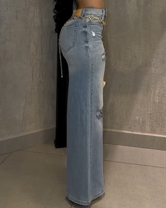 Women's High-Stretch Ripped Wide-Leg Jeans（Pre-Sale）