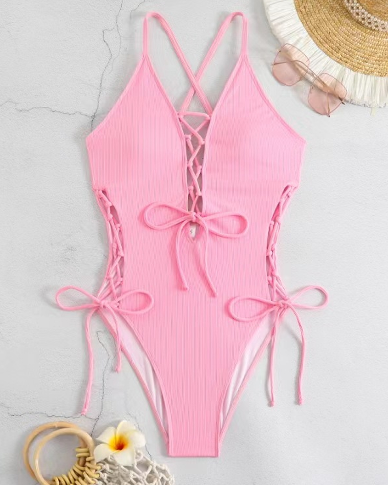 Ribbed Lace-Up Open Back Tummy Control Shaping One-Piece Swimsuit