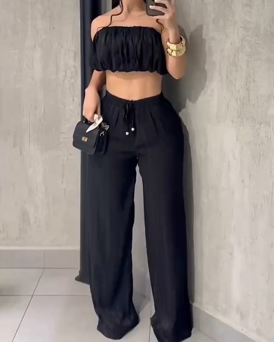 Shinny Bandeau Wide-Leg Slim Fit 2-Piece Set（Pre-Sale）