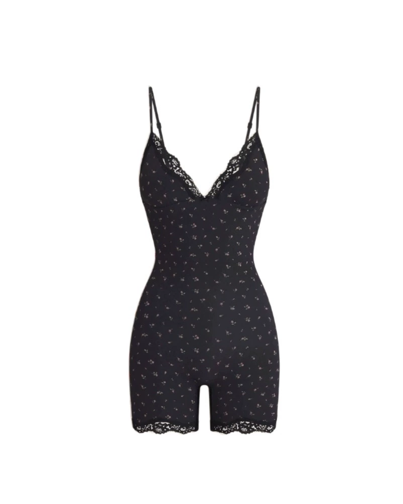 Sexy Bodysuit With Lace Trim And No Bra Cups-Curvy-Faja