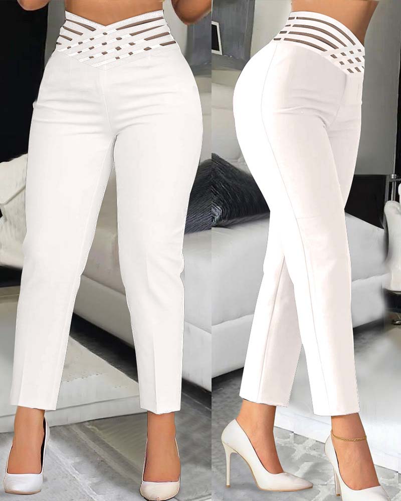 Casual Overlap Waist Hollow Out Work Pant High Waisted Pencil Stretch Pants for Women Trendy