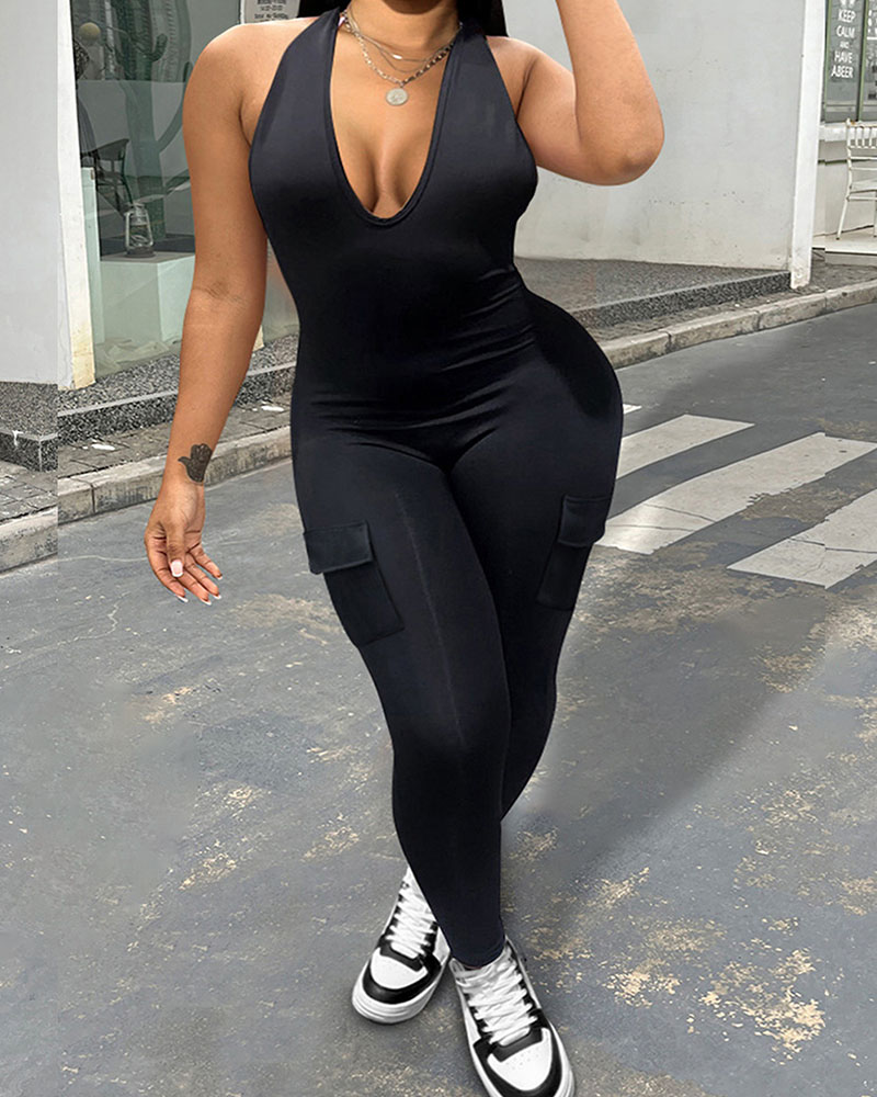 CURVY-FAJA | Thigh-Neck V-Neck Sports Jumpsuit With Pocket Hip Lift