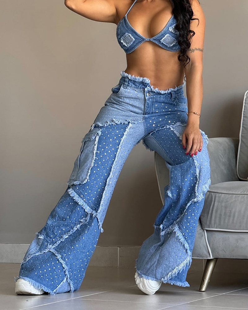 Jeans With Patchwork Fabric And Rhinestones