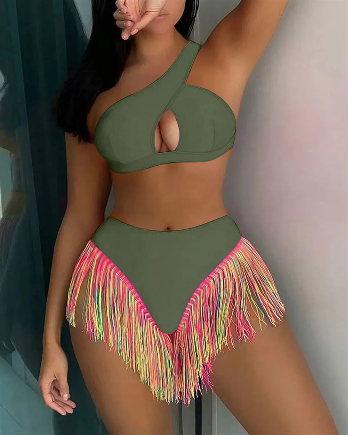 Women's Solid Color Fringe Hem Bikini-Curvy-Faja