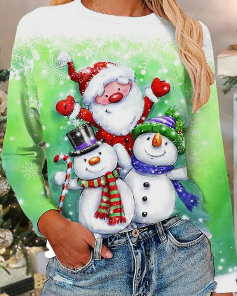 Christmas Casual Crew Neck Long Sleeve T-Shirt Top-Curvy-Faja