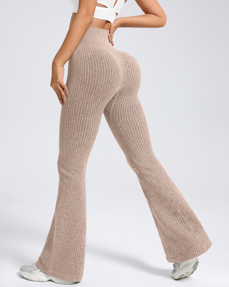 High Waist Ribbed Flared Yoga Pants-Curvy-Faja