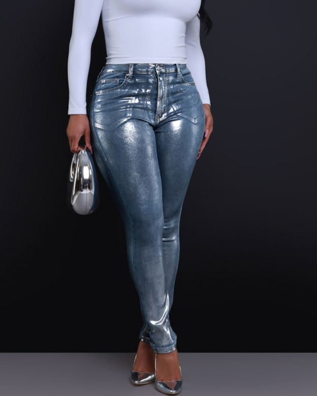 Silver-Tone Skinny Stretch Jeans-Curvy-Faja
