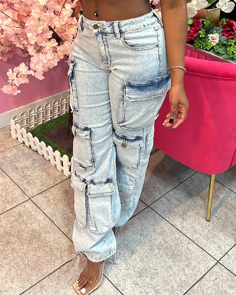 Streetwear-Style High-Waisted Stretch Washed Multi-Pocket Jeans