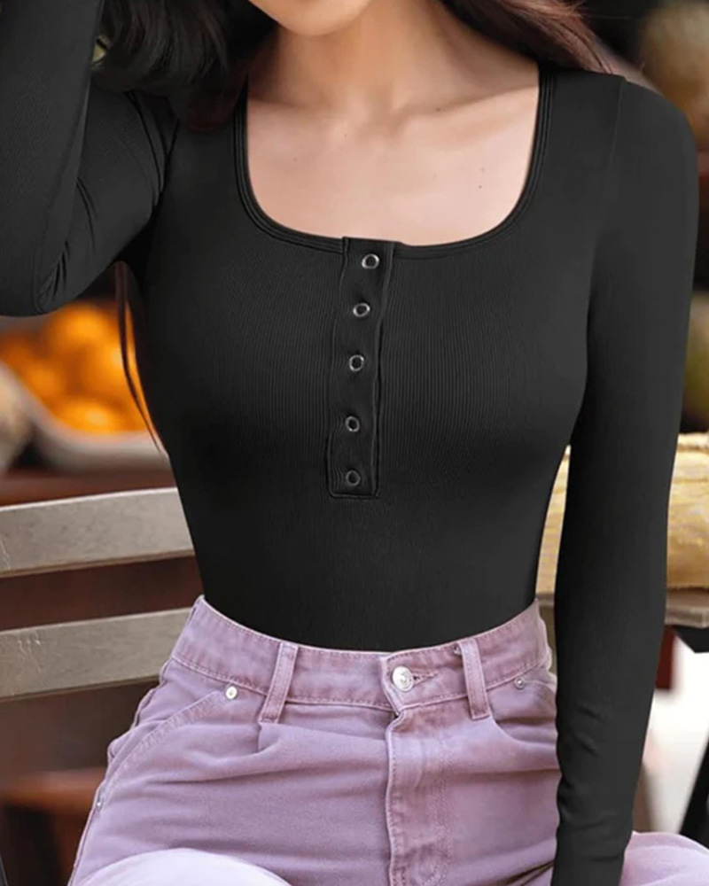 Button-Front Square-Neck Ribbed Triangle Bodysuit