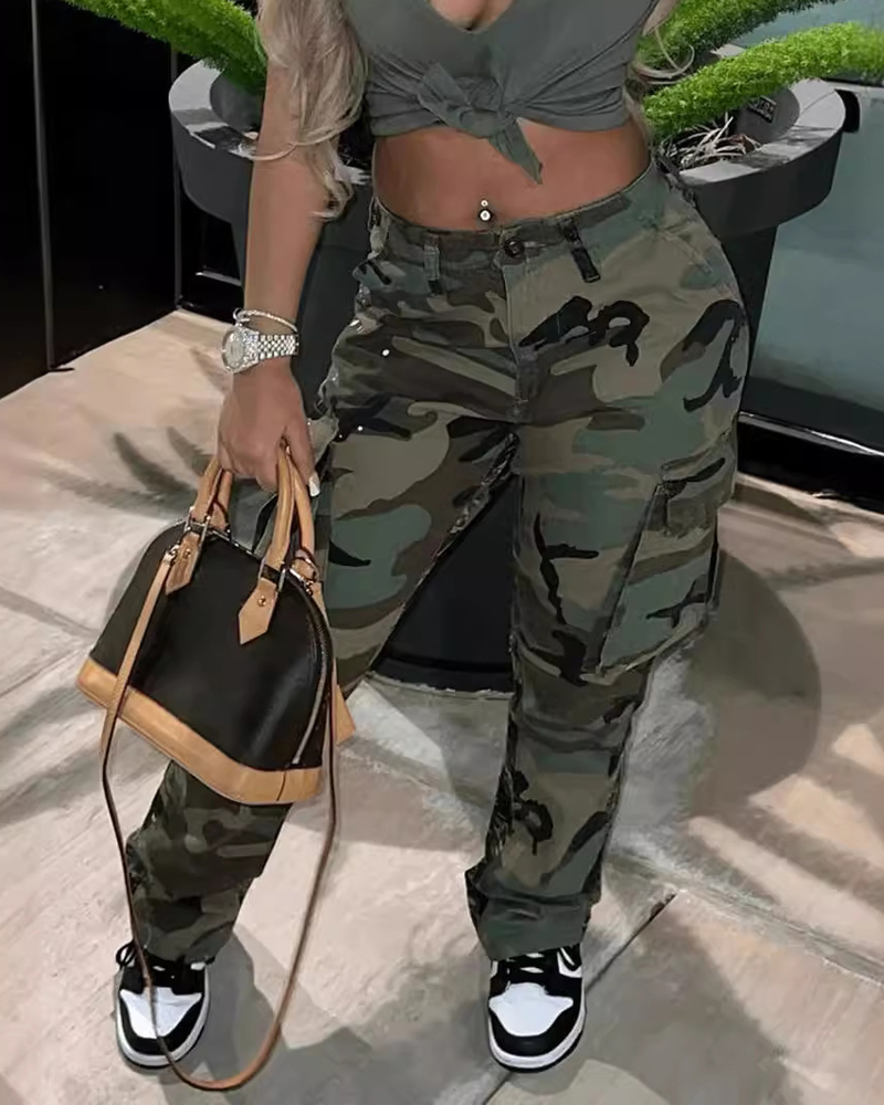 High-Rise Straight-Leg Camouflage Cargo Trousers-Curvy-Faja