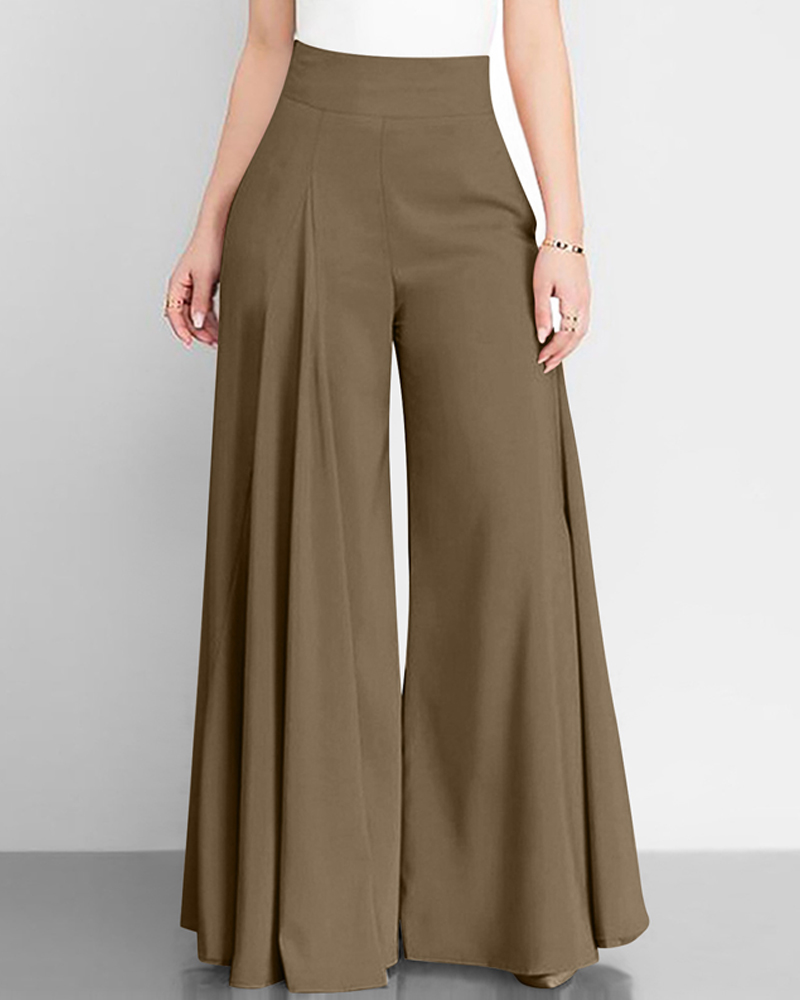 Solid Color High Waist Wide Leg Pants-Curvy-Faja