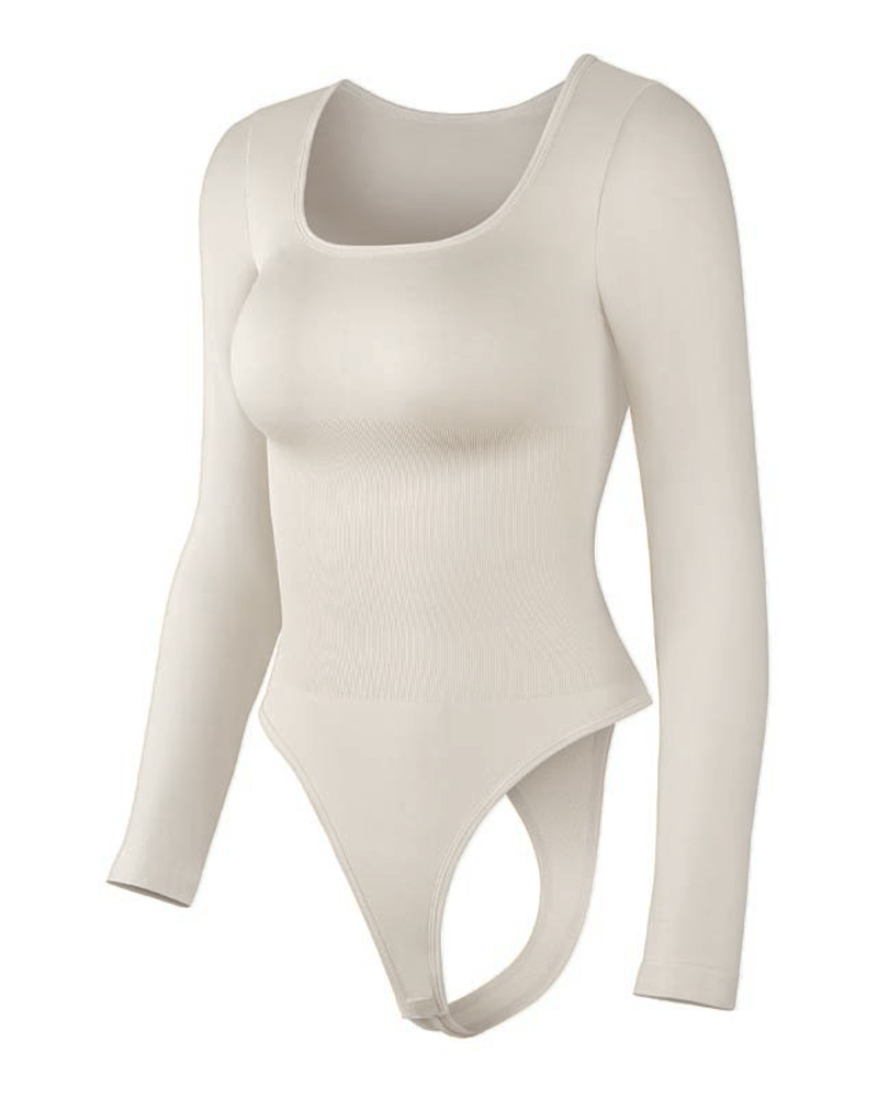 Long-Sleeved Square Neck Slim Waist Bodysuit-Curvy-Faja