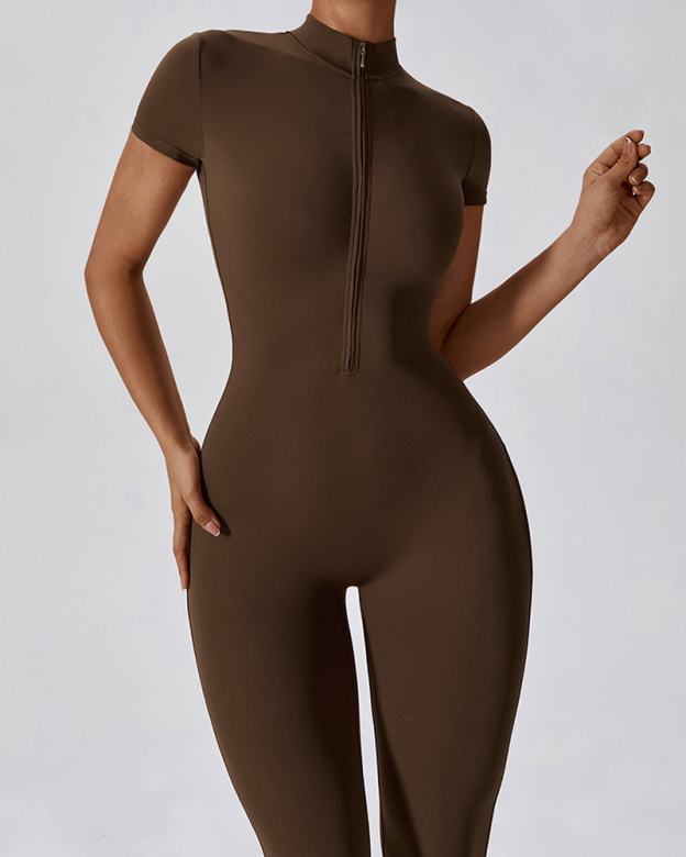 Zippered Short-Sleeved Slim-Fit Jumpsuit