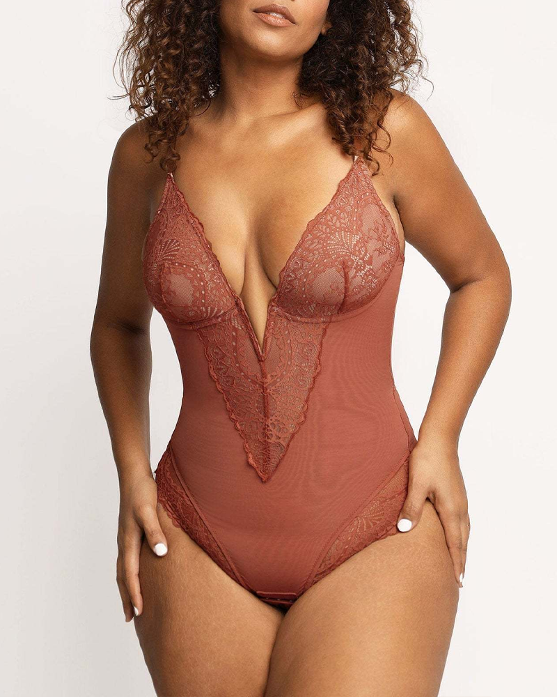 Curvy-faja Deep V-Neck Shaping Lace Bodysuit