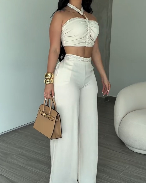 Braided Trim Two Piece Outfit with Flared Trousers
