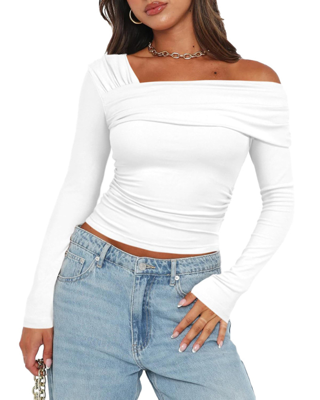 One-Shoulder Long-Sleeved Open-Back Gathered Top T-Shirt-Curvy-Faja
