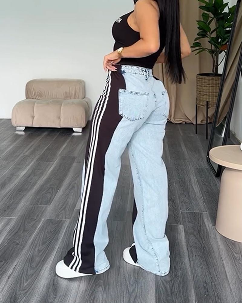 Side Striped Patchwork Baggy Jeans