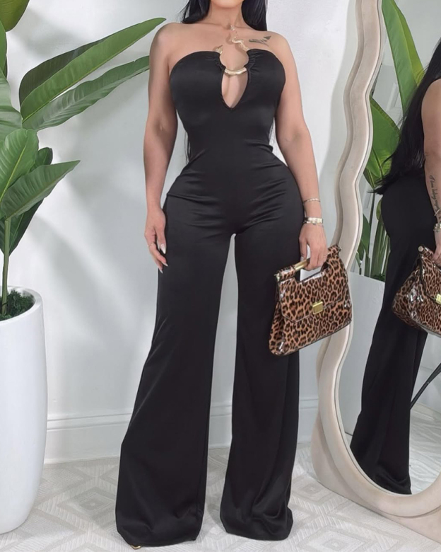 Solid Color Fashionable Trousers Jumpsuit-Curvy-Faja