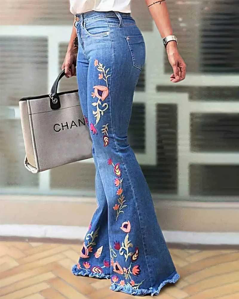 High-Elastic Embroidered Flared Jeans-Curvy-Faja