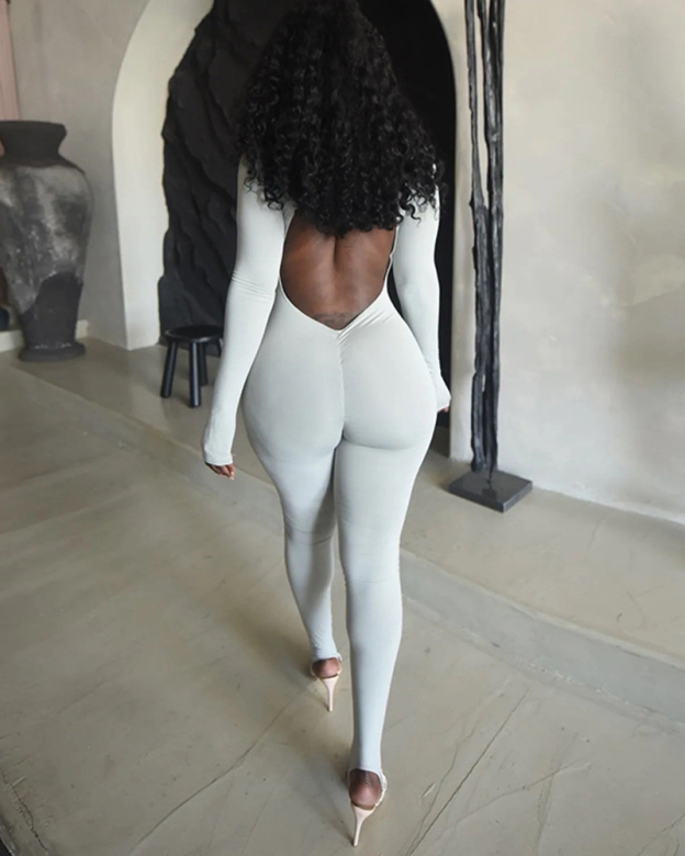 Fashionable And Sexy Backless Deep V Long-Sleeved Solid Solor Bodysuit