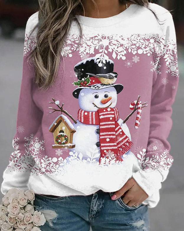 Christmas Snowman Print Round Collar Long Sleeves-Curvy-Faja