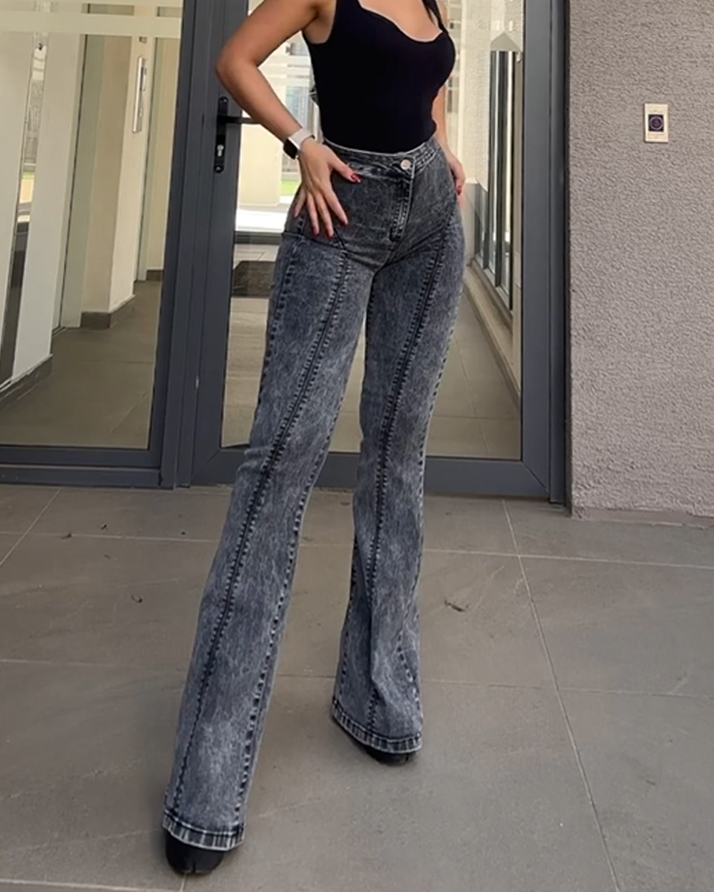 Women's Bell Bottom High Waisted Pull On Skinny Straight Fit Flare Denim Jeans