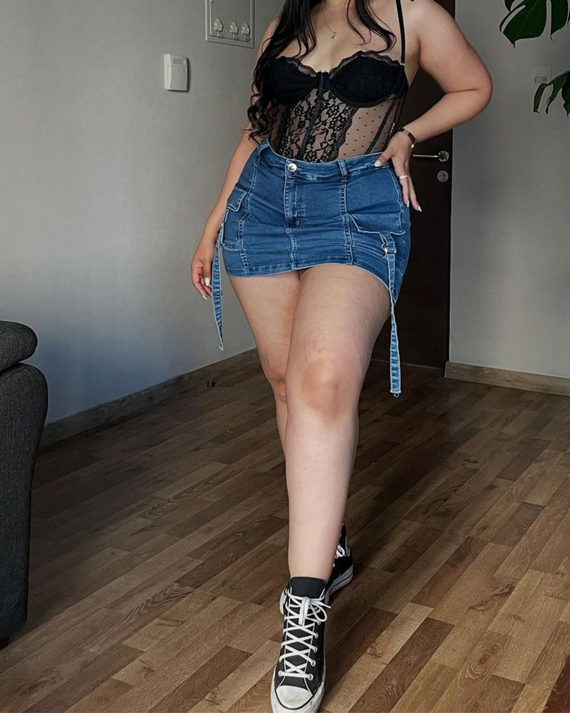 Lined Denim Cargo Shorts Skirt-Curvy-Faja