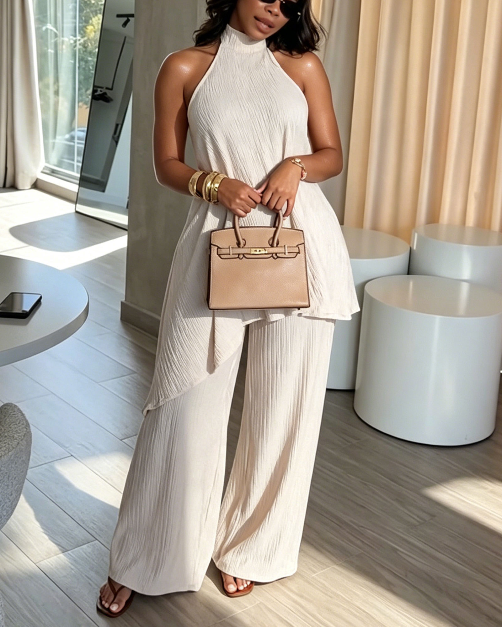 Crinkle Halter Backless Top & Wide Leg Pants Two-Piece Set(Pre-Sale)