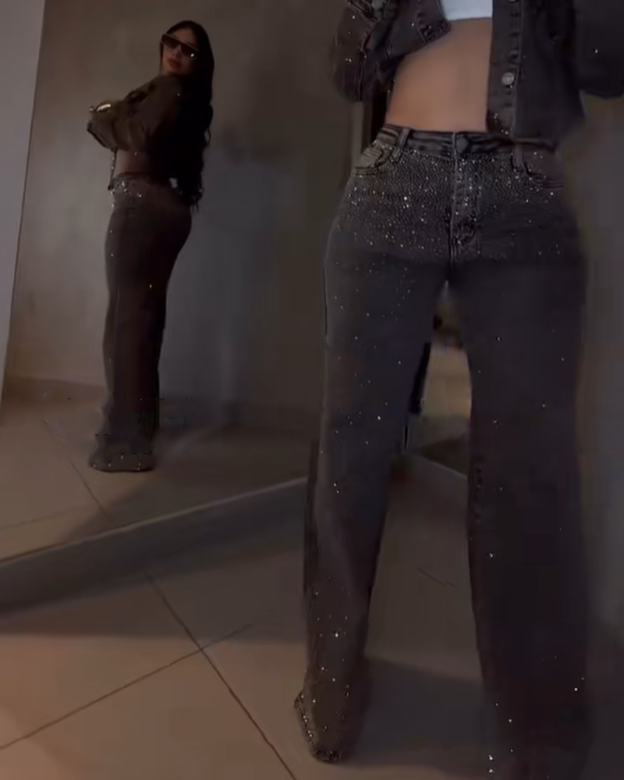Dark Gray Diamond Studded Straight Leg Jeans (Pre-Sale)