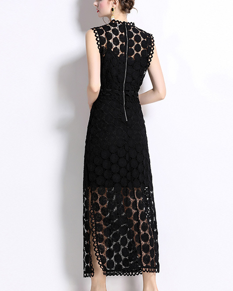 Round Neck Sleeveless Fitted Waist Double Slit Hollow Water-Soluble Lace Dress