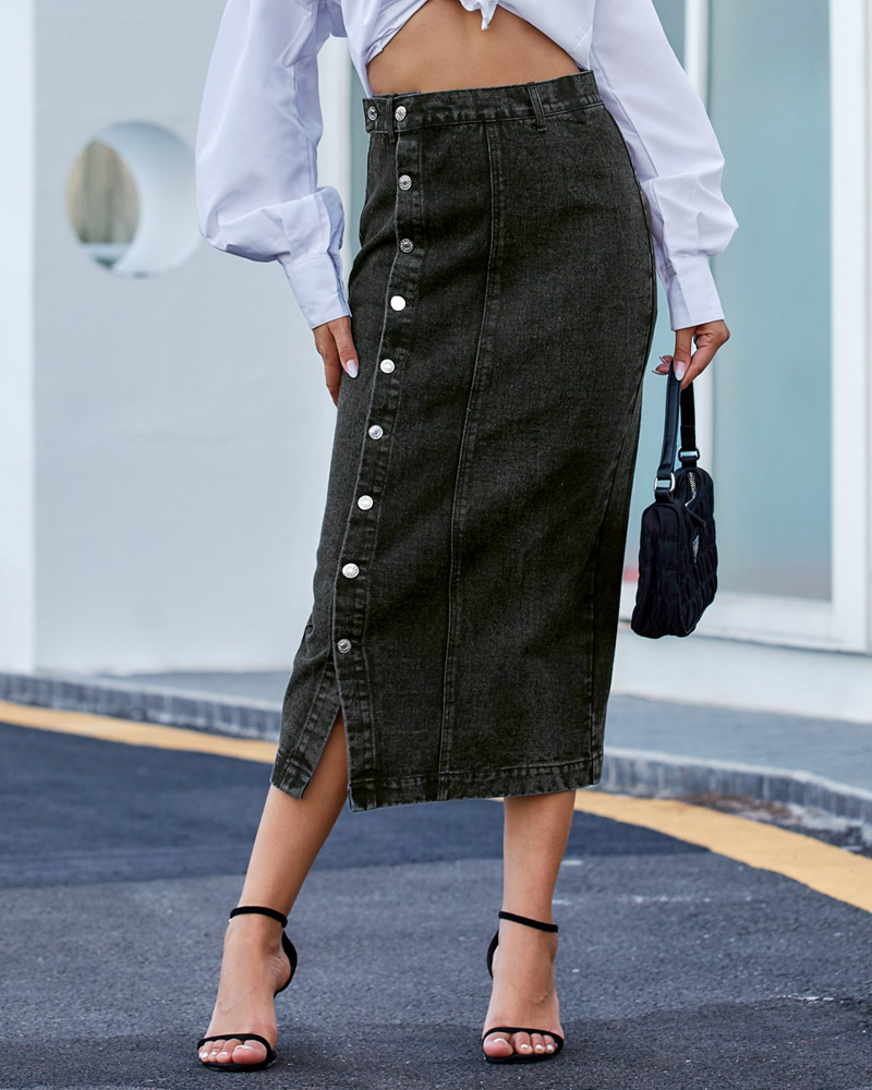 Irregular Slit Denim High-Waisted Midi Skirt-Curvy-Faja