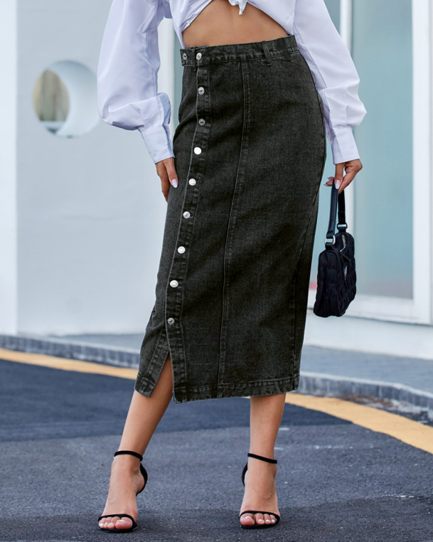 Irregular Slit Denim High-Waisted Midi Skirt-Curvy-Faja