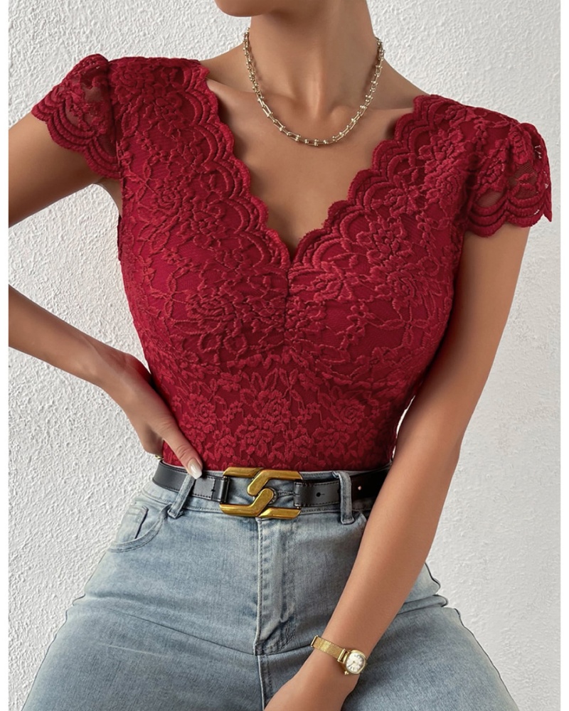 Sexy Deep V Neck Lace Short Sleeve One Piece Bodysuit-Curvy-Faja