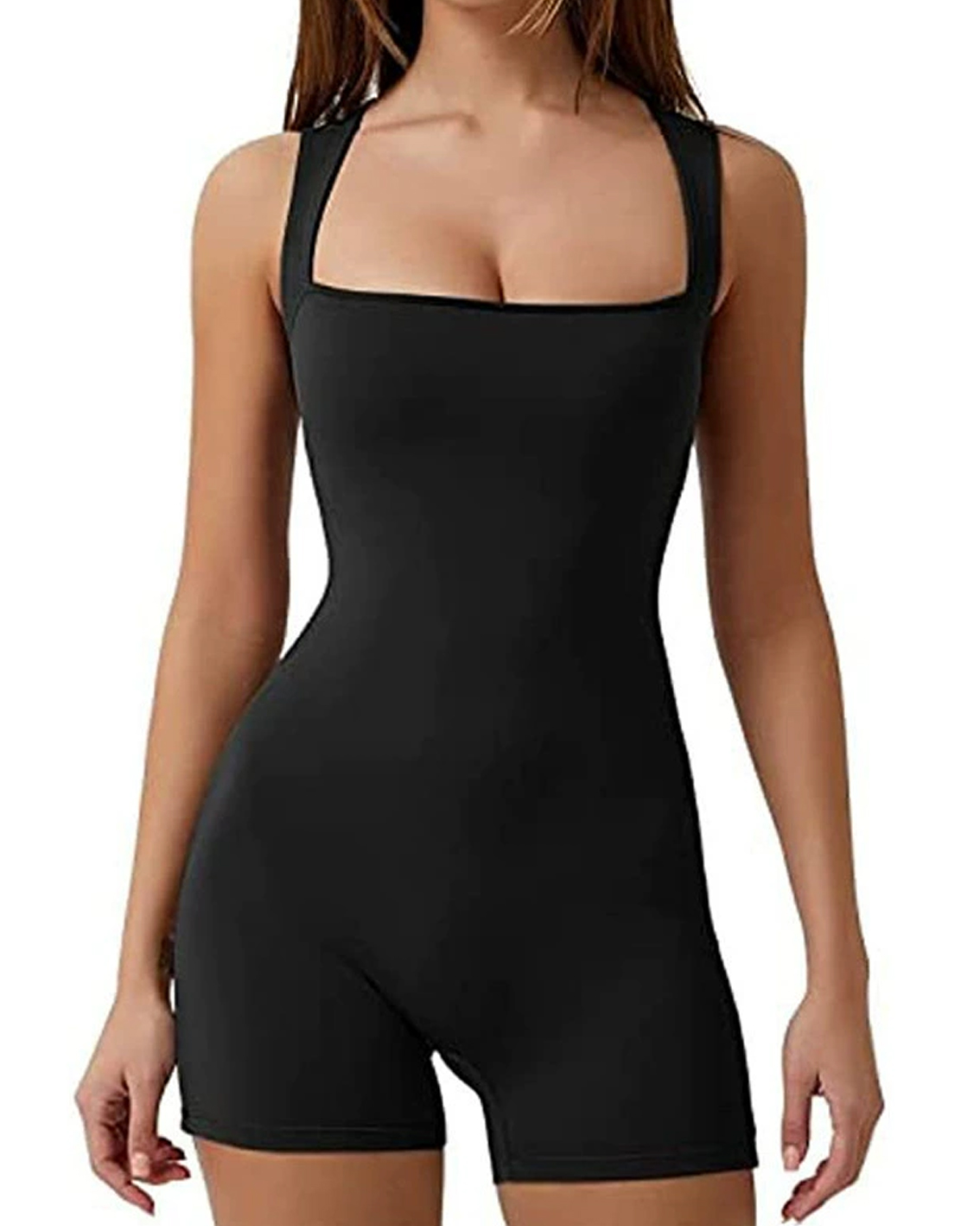 Women Workout Romper Yoga Ribbed Square Neck One Piece Seamless Tank Top Jumpsuit-Curvy-Faja