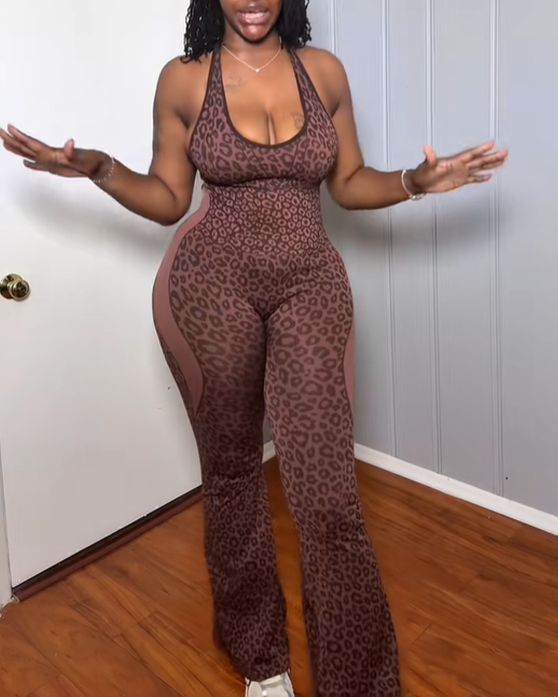 Leopard Print Criss-Cross Backless Seamless Flared Jumpsuit
