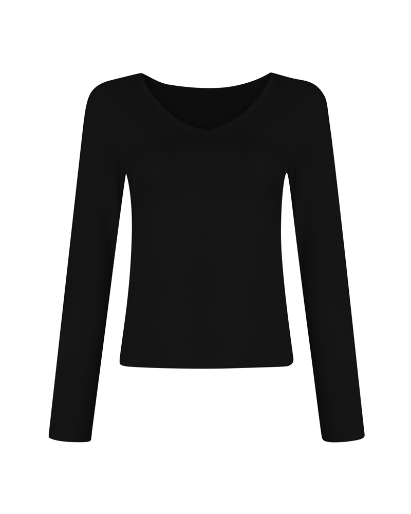 V-Neck Long-Sleeved Slim-Fit Versatile T-Shirt Top-Curvy-Faja