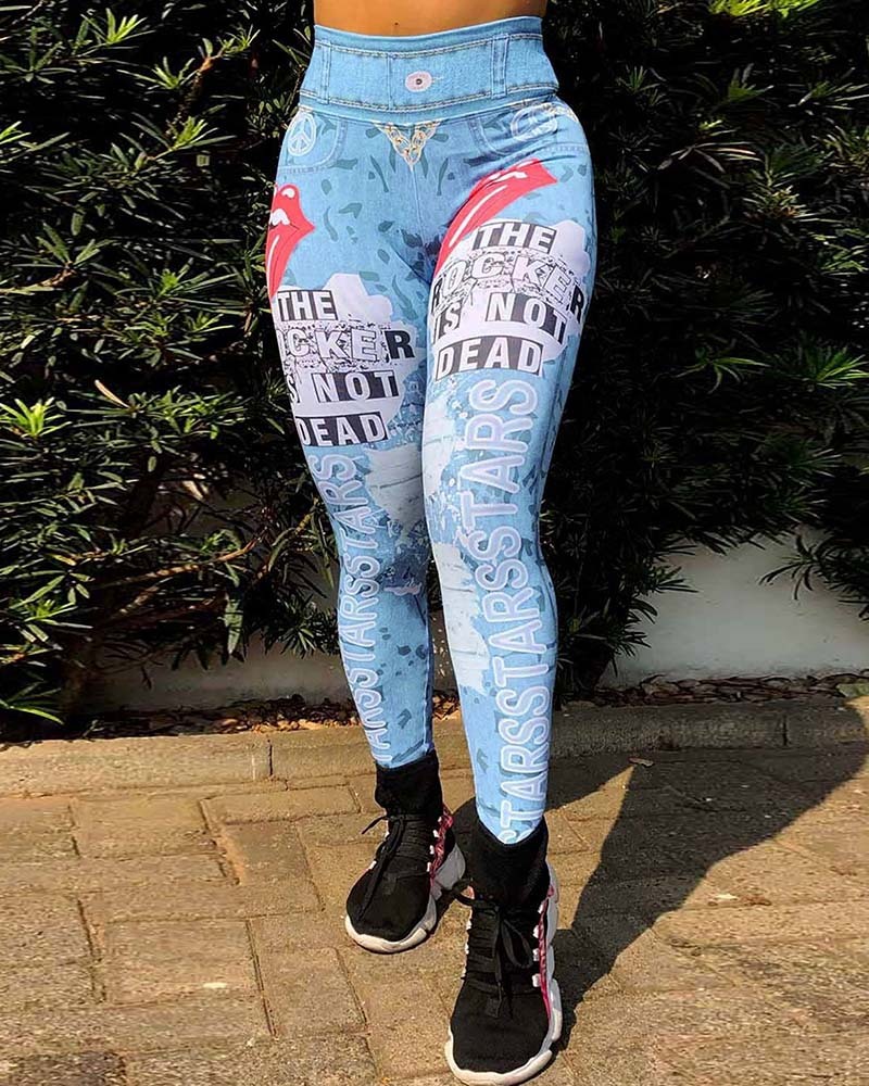 High-Waisted Imitation Denim Printed Yoga Pants-Curvy-Faja