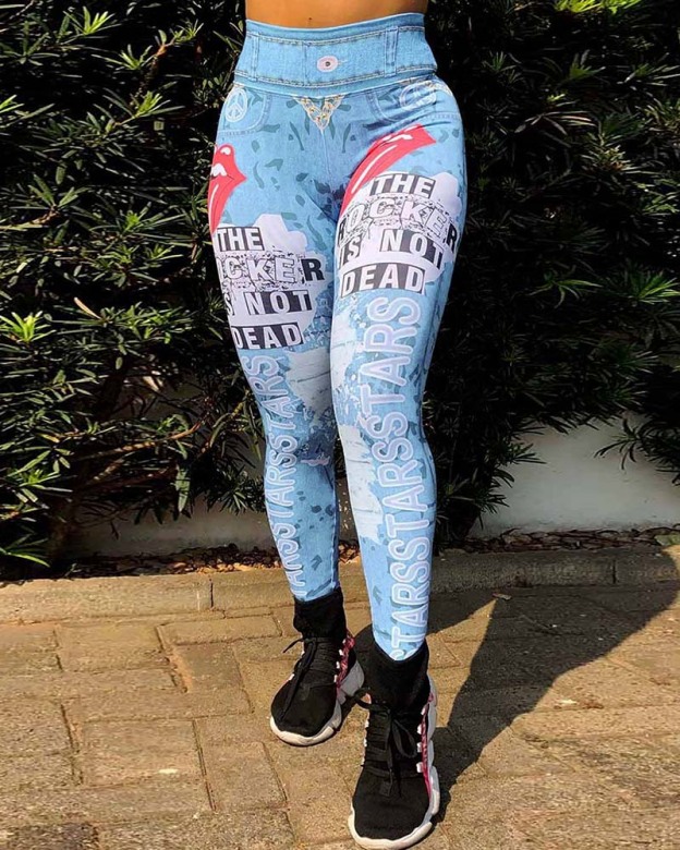 High-Waisted Imitation Denim Printed Yoga Pants-Curvy-Faja