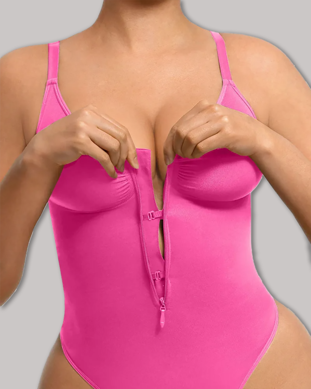 Seamless Zip-Up Thong Snatched Waist Body Suit V Neck Body Shaper