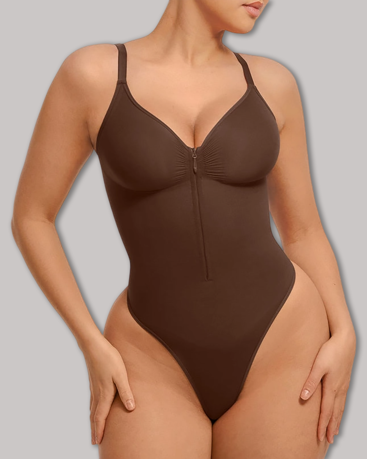 Seamless Zip-Up Thong Snatched Waist Body Suit V Neck Body Shaper
