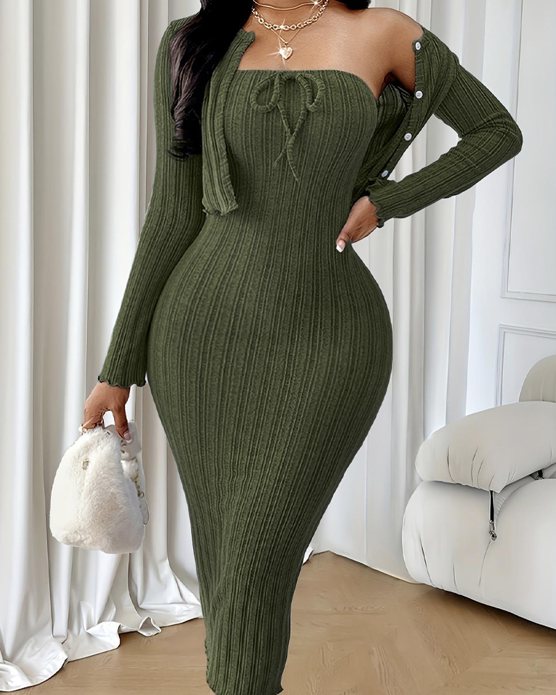 Women's Ribbed Fitted Dress Cardigan Set