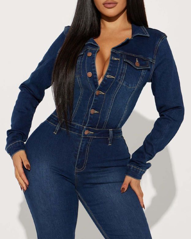 Slim-Fit Stretch Flared Long-Sleeved Denim Jumpsuit