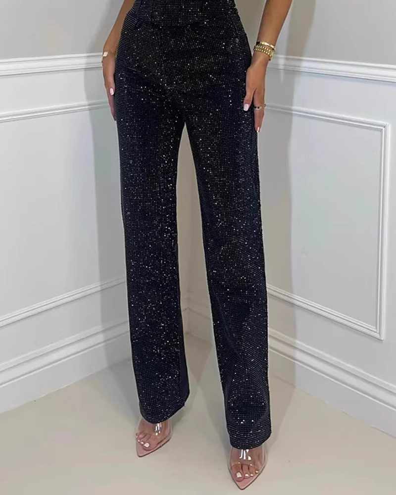 Sparkling Rhinestone-Embellished Straight-Leg Jeans