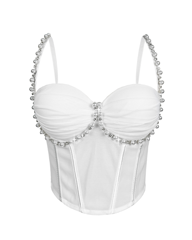 Beaded Pleated Mesh Boning Corset