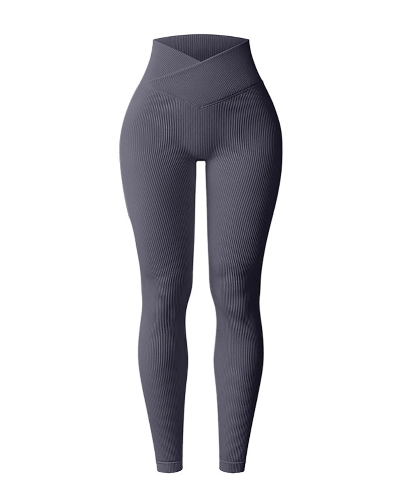 Cross-Waist Ribbed Yoga Pants-Curvy-Faja