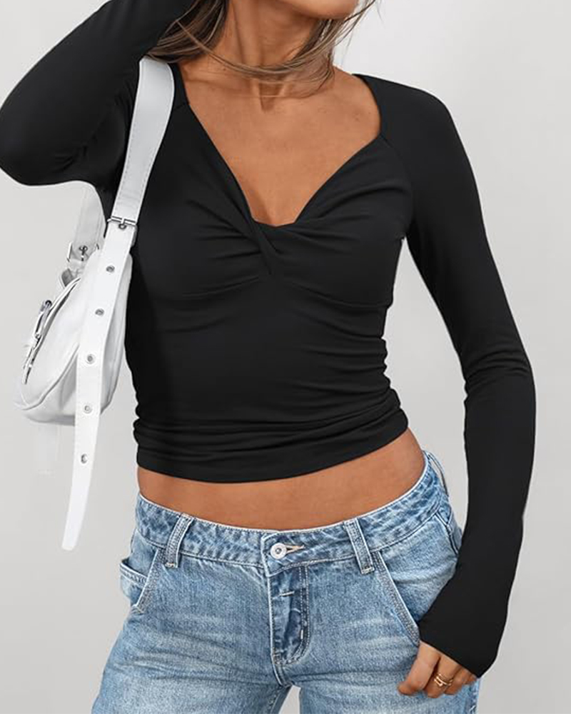 Twist Front Long Sleeve T-Shirt Slim Fit Top-Curvy-Faja