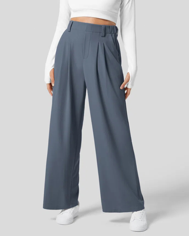 High Waisted Plicated Side Pocket Wide Leg Waffle Work Pants